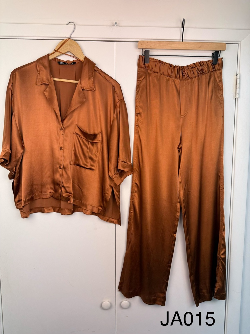 Zara Toffee Satin Shirt & Pants Two Piece Set XS/S